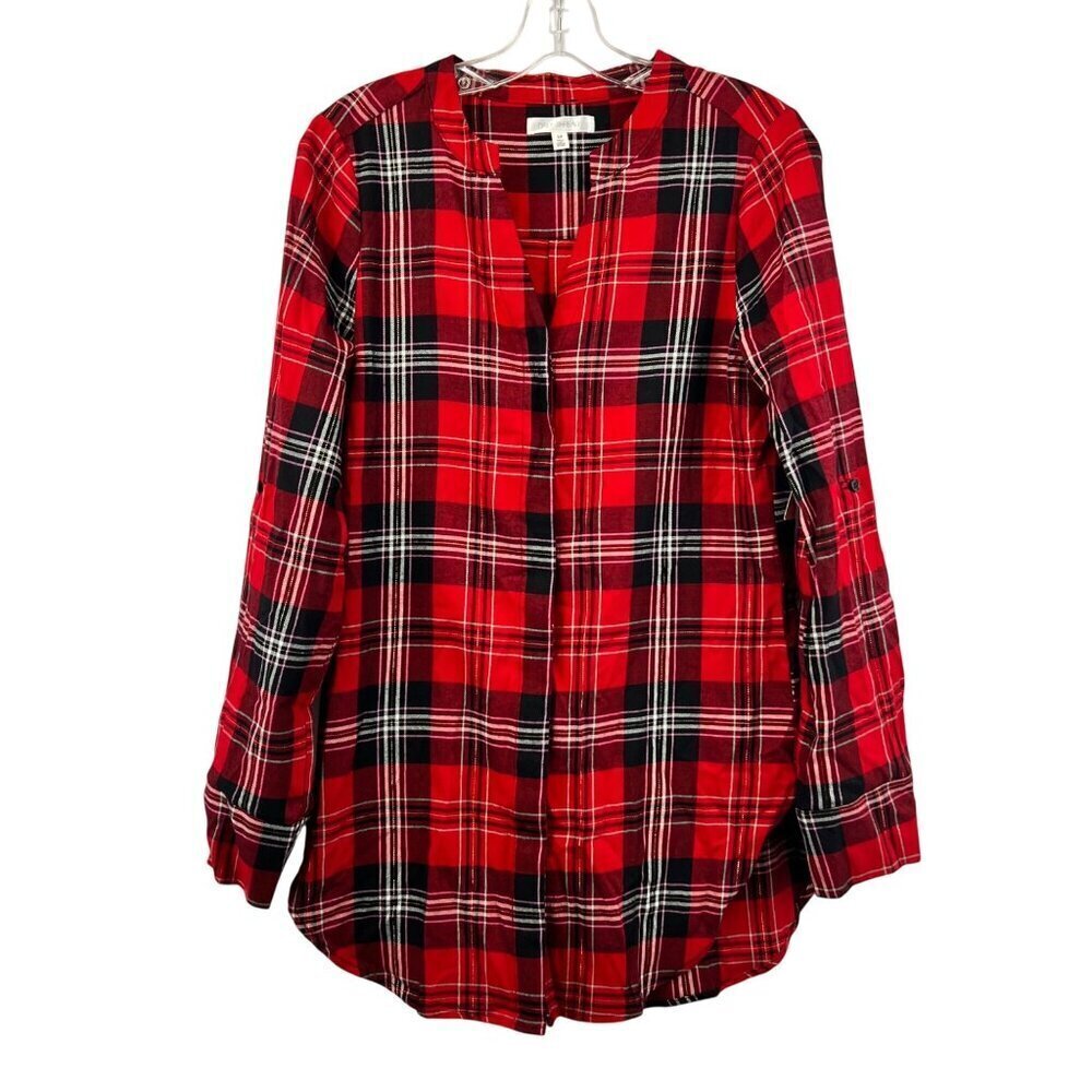 Daily Thread Womens Plaid Button Up Tunic Top Long Roll Tab Sleeve Small New